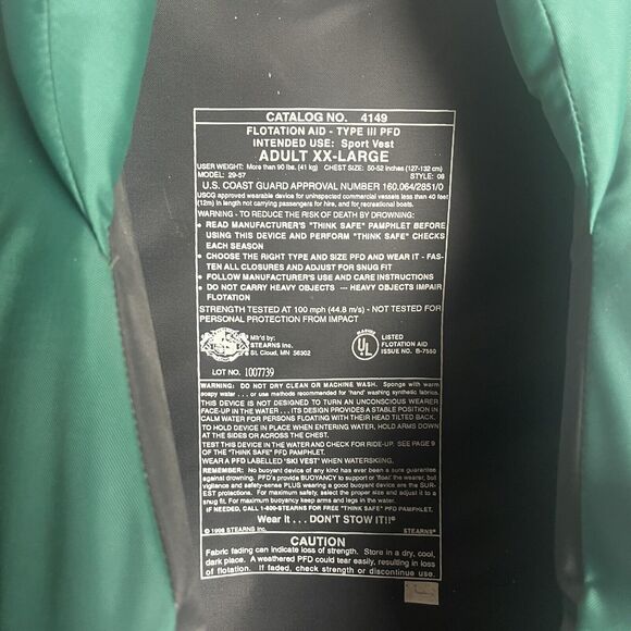 Stearns Bass Tour Floatation Aid 4149 Adult XXL 50-52 Life Jacket Green Black - Picture 4 of 5